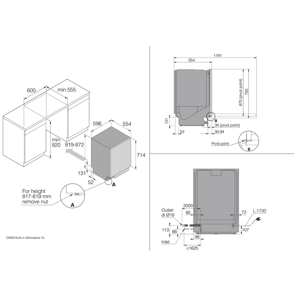 DBI344IB.S XL inbyggd diskmaskin 14 kuvert, stål