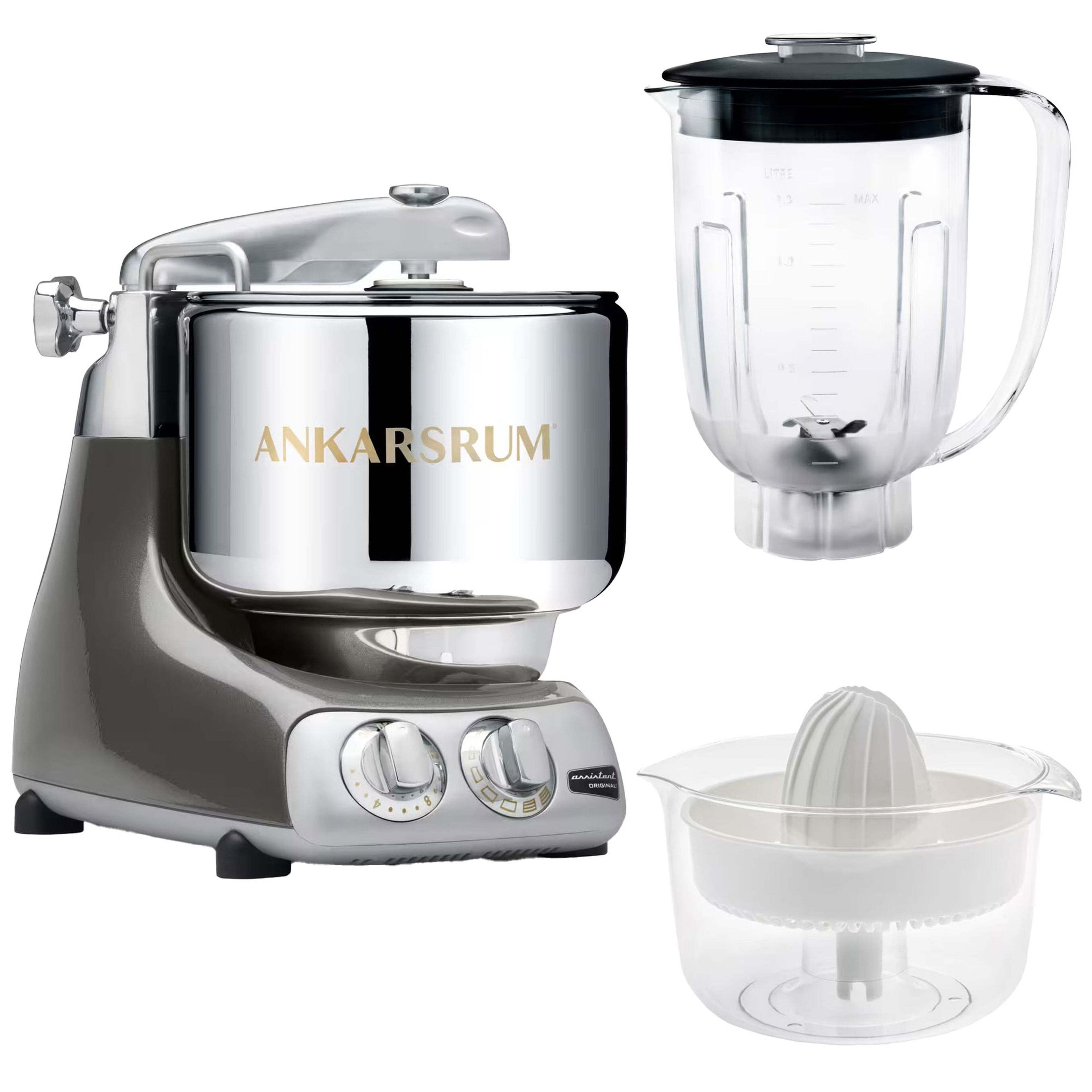 Ankarsrum Assistent AKM6230 + mixerkanna & citruspress, black chrome