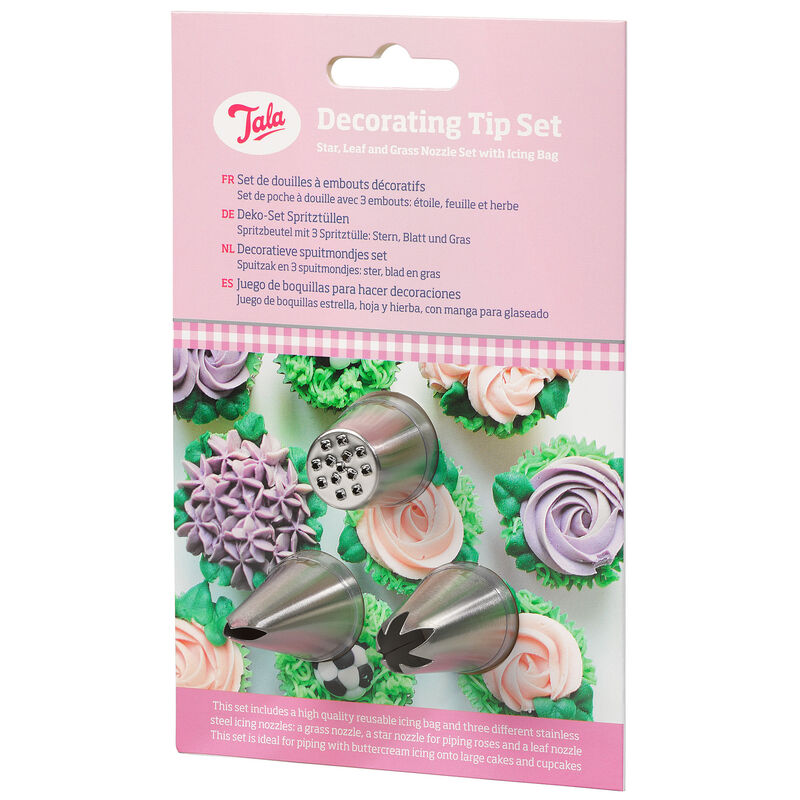 Dekorationsset med spritspåse och 3 tyllar, silver/vit