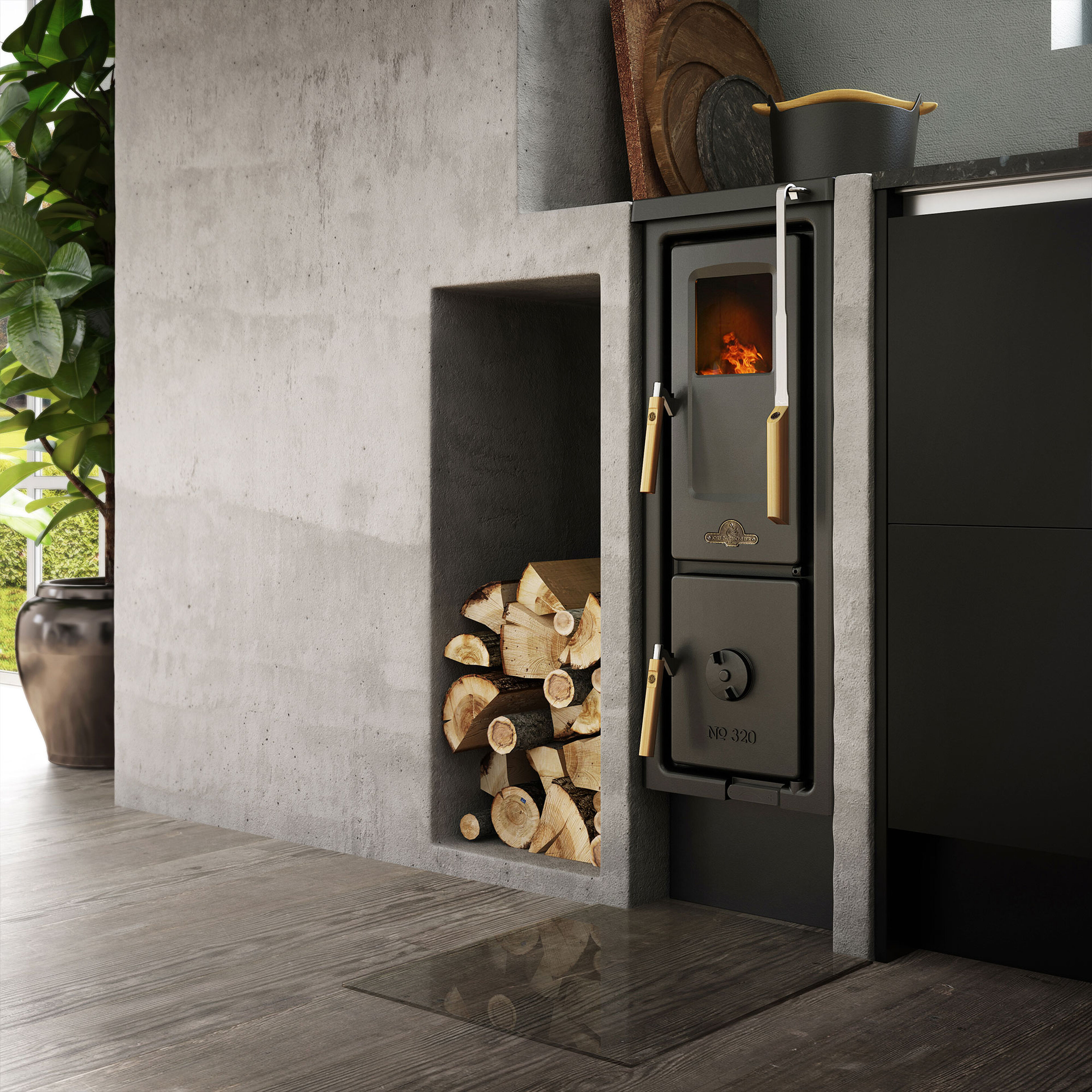 JD 320 brændekomfur, bagudgang