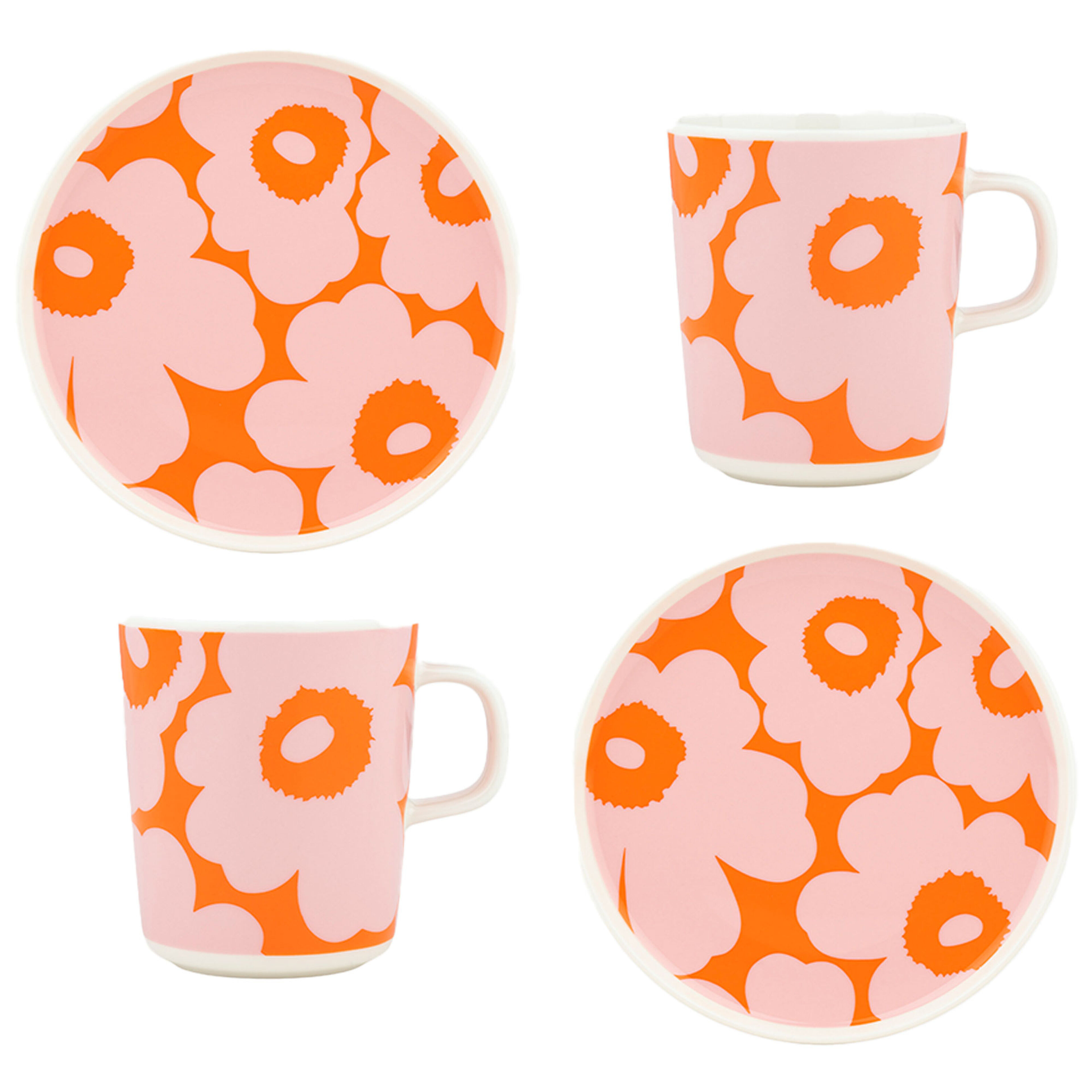 Unikko frukostset 4 delar, vit/rosa/orange