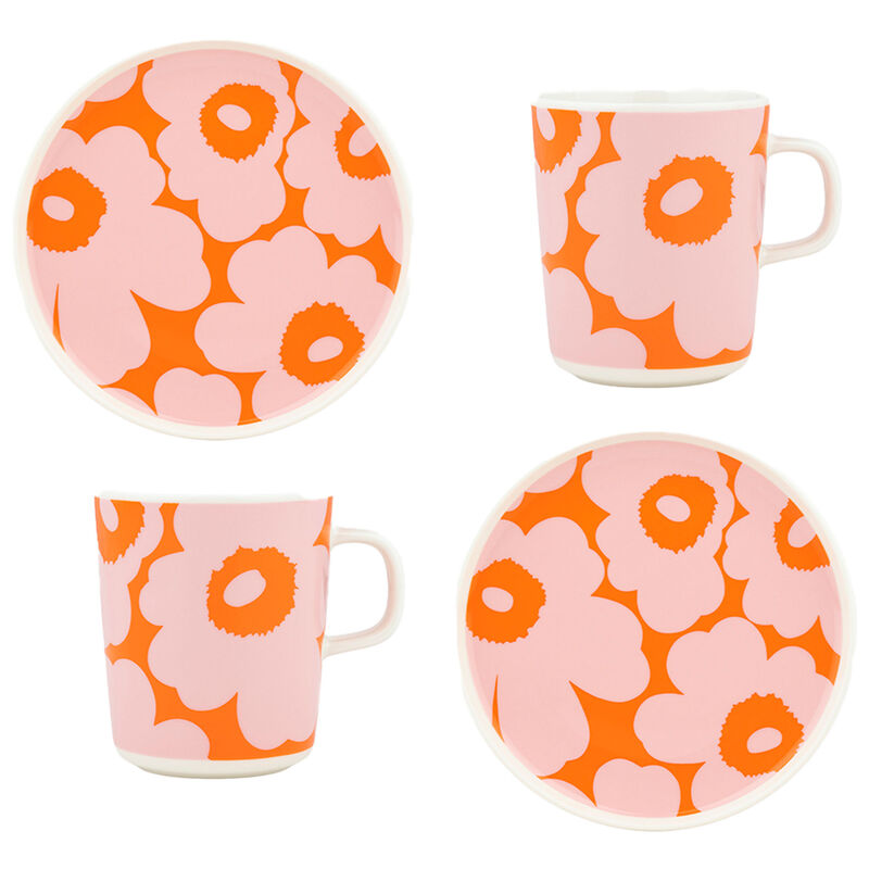 Unikko frukostset 4 delar, vit/rosa/orange