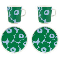 Unikko frukostset 4 delar, vit/grön/ljusblå