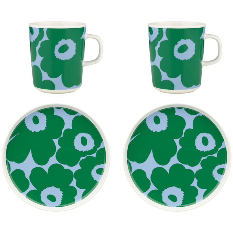 Unikko frukostset 4 delar, vit/grön/ljusblå