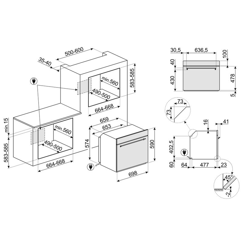 SF7302TX inbyggnadsugn 70 cm, rostfritt stål
