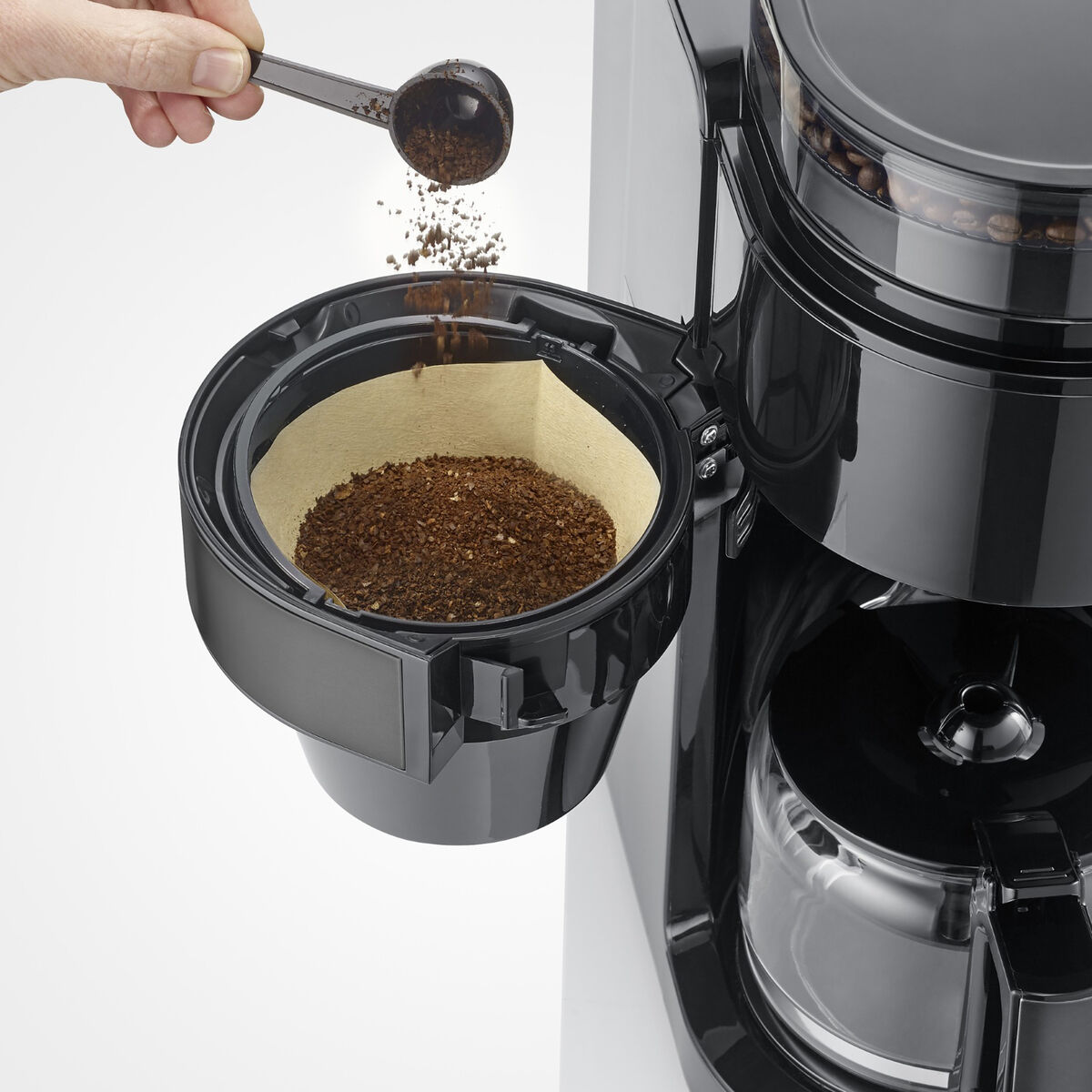 Kaffebryggare med kvarn & glaskanna, dark inox