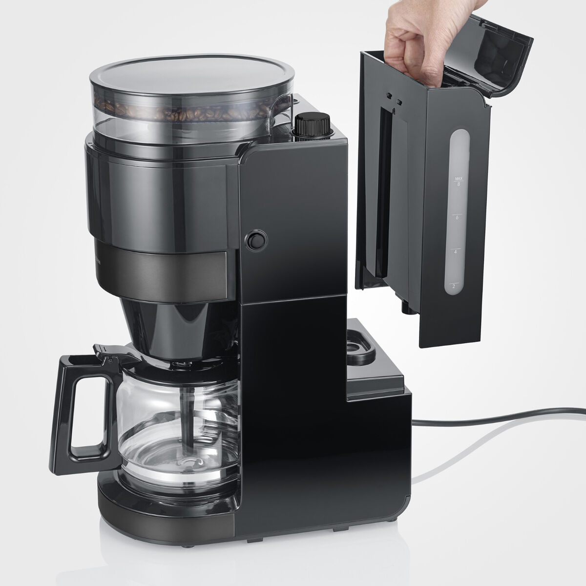 Kaffebryggare med kvarn & glaskanna, dark inox