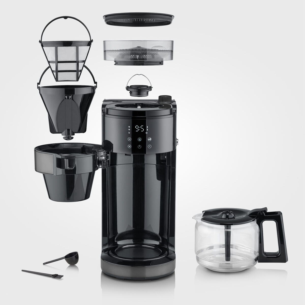 Kaffebryggare med kvarn & glaskanna, dark inox