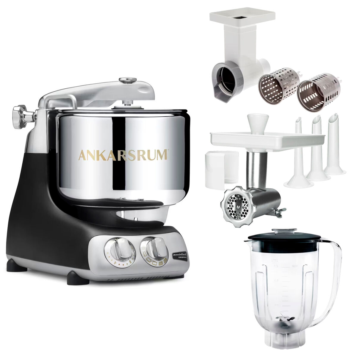 Assistent Original AKM 6230 kjøkkenmaskin med kjøttkvern, skjæretilbehør og blenderkanne, svart