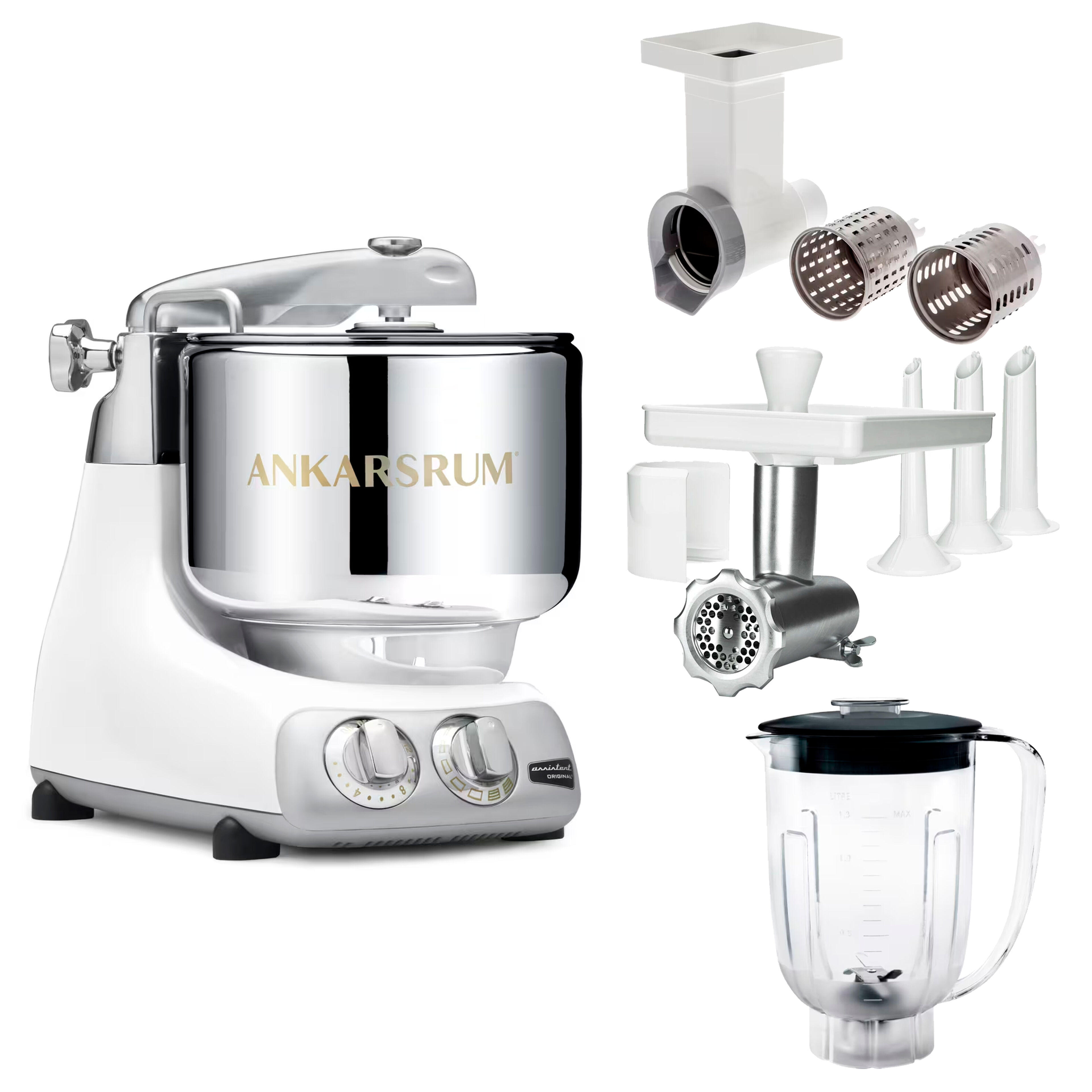 Assistent Original AKM 6230 kjøkkenmaskin med kjøttkvern, skjæretilbehør og blenderkanne, mineral white