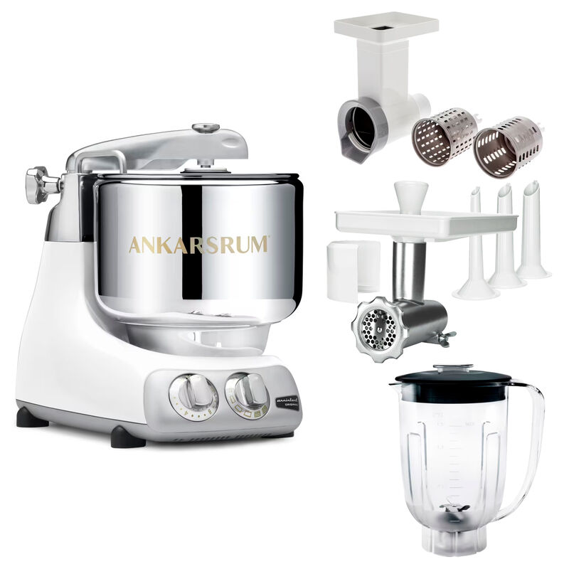 Assistent Original AKM 6230 kjøkkenmaskin med kjøttkvern, skjæretilbehør og blenderkanne, mineral white
