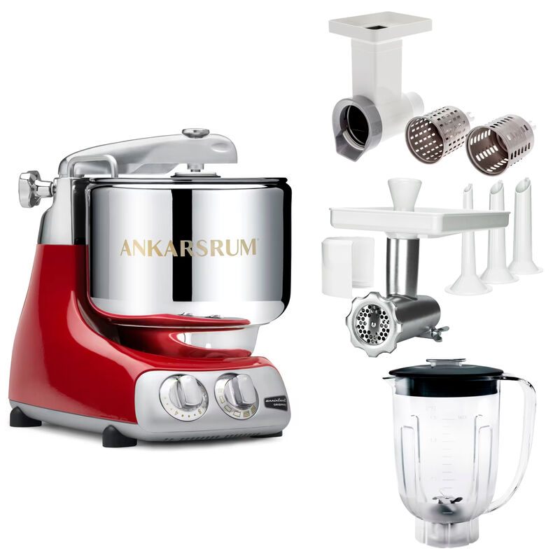 Assistent Original AKM 6230 kjøkkenmaskin med kjøttkvern, skjæretilbehør og blenderkanne, rød