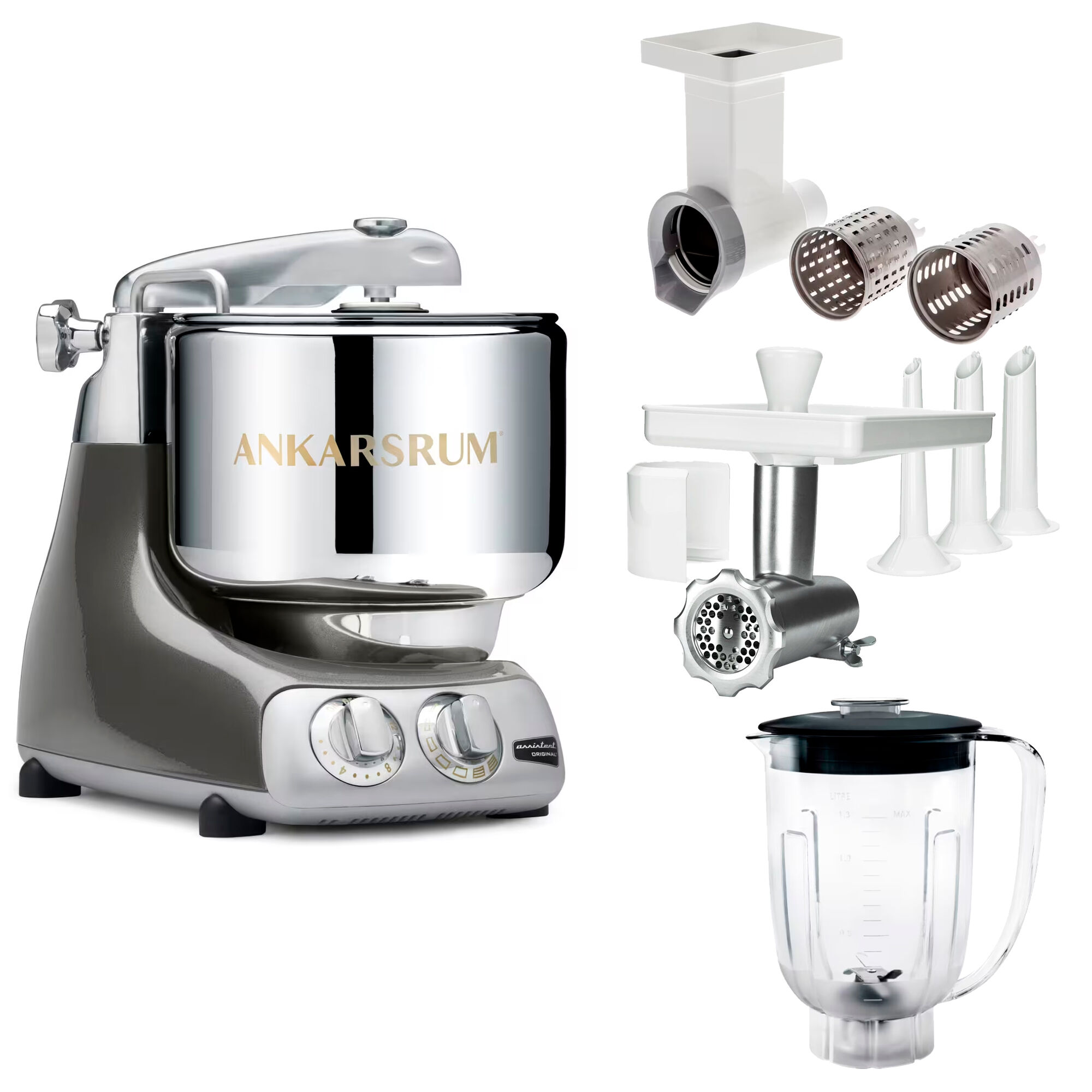Ankarsrum Assistent Original AKM 6230 køkkenassistent med kødkværn, rive/skæretilbehør og blenderkande, black chrome