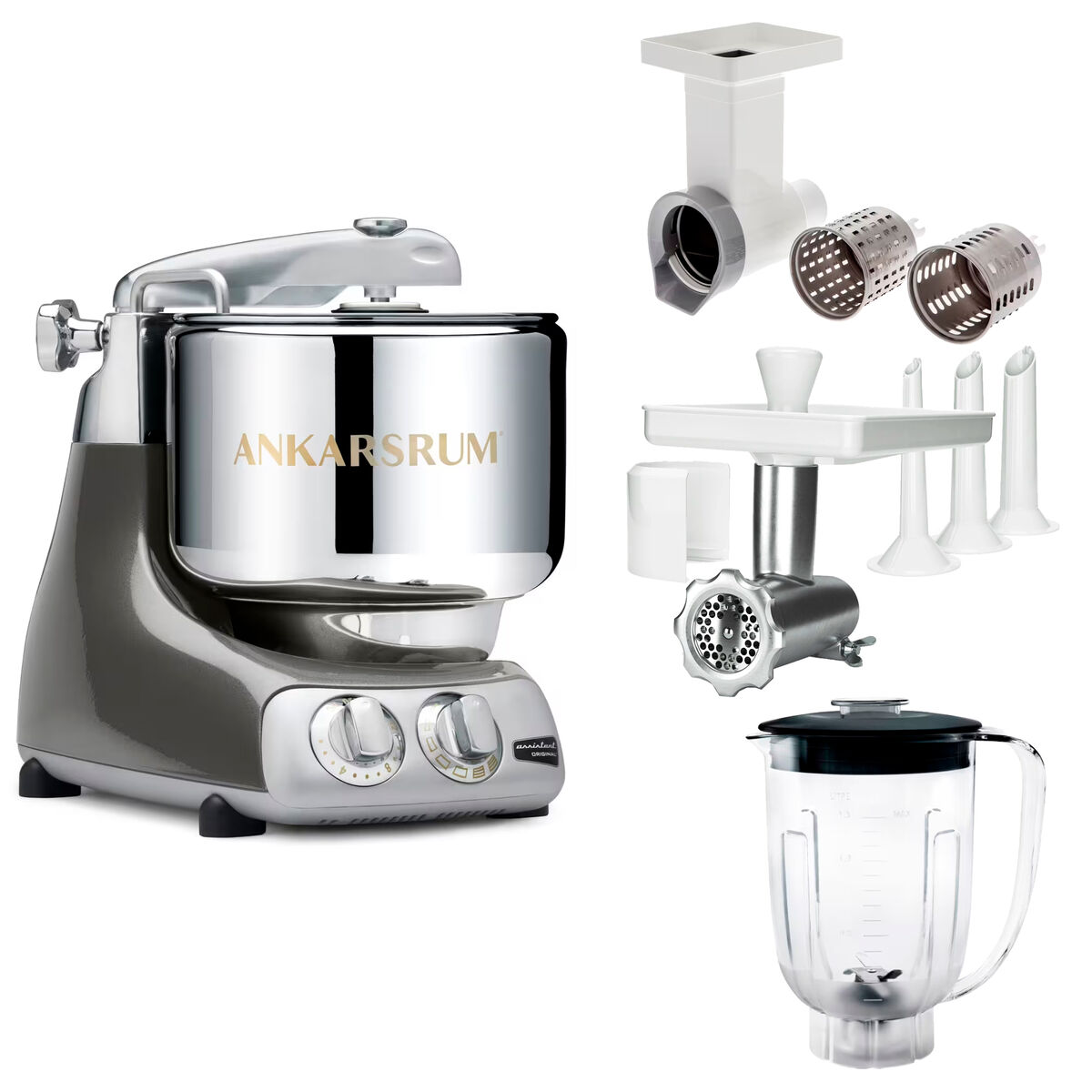 Assistent Original AKM 6230 kjøkkenmaskin med kjøttkvern, skjæretilbehør og blenderkanne, black chrome