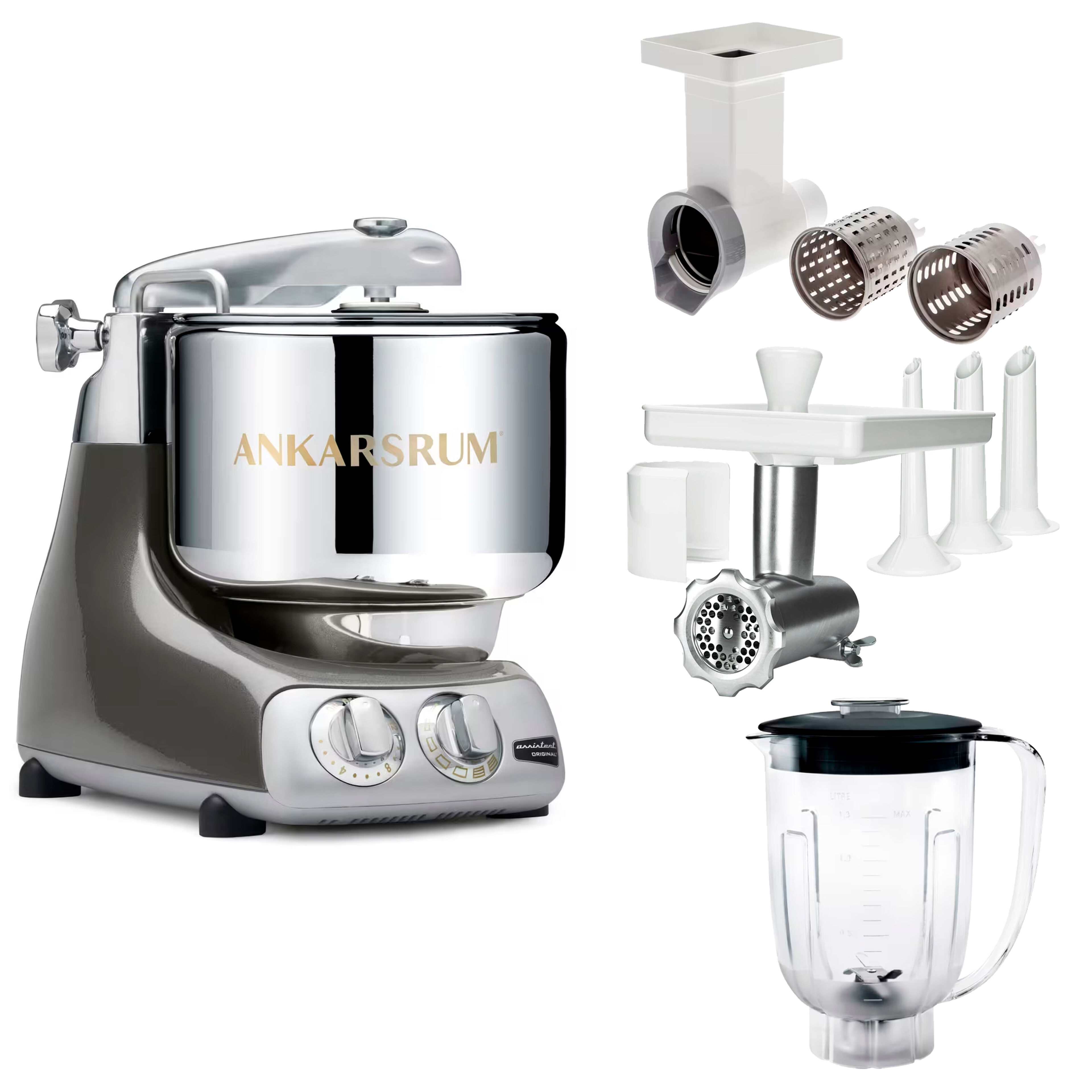 Assistent Original AKM 6230 kjøkkenmaskin med kjøttkvern, skjæretilbehør og blenderkanne, black chrome