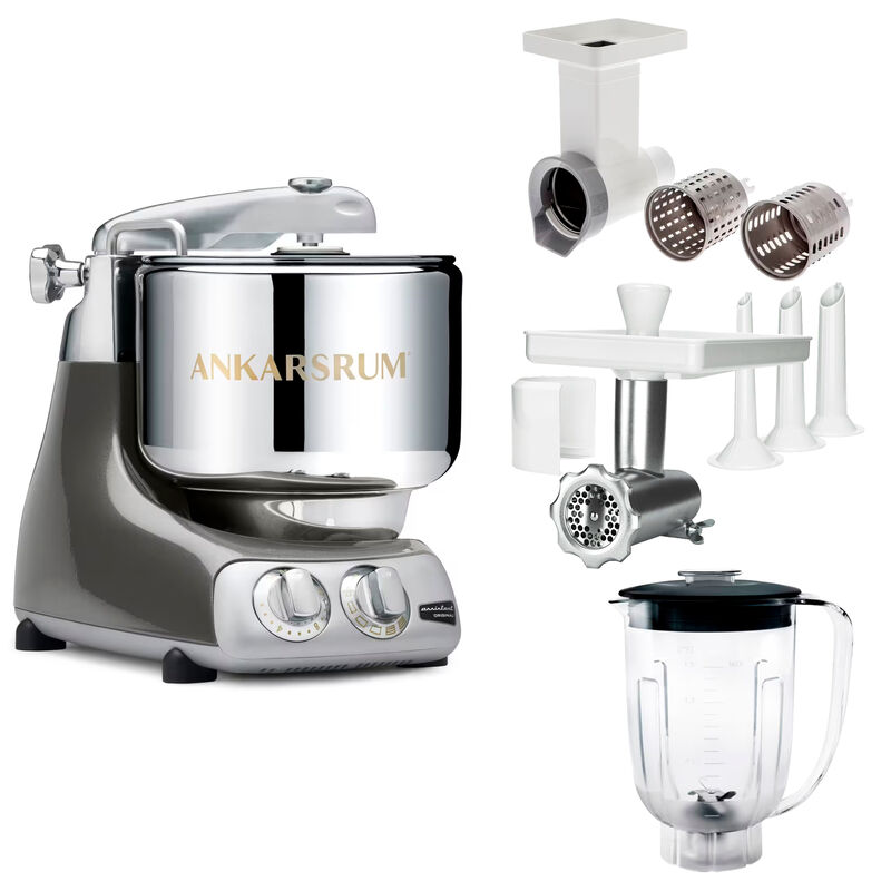 Assistent Original AKM 6230 kjøkkenmaskin med kjøttkvern, skjæretilbehør og blenderkanne, black chrome