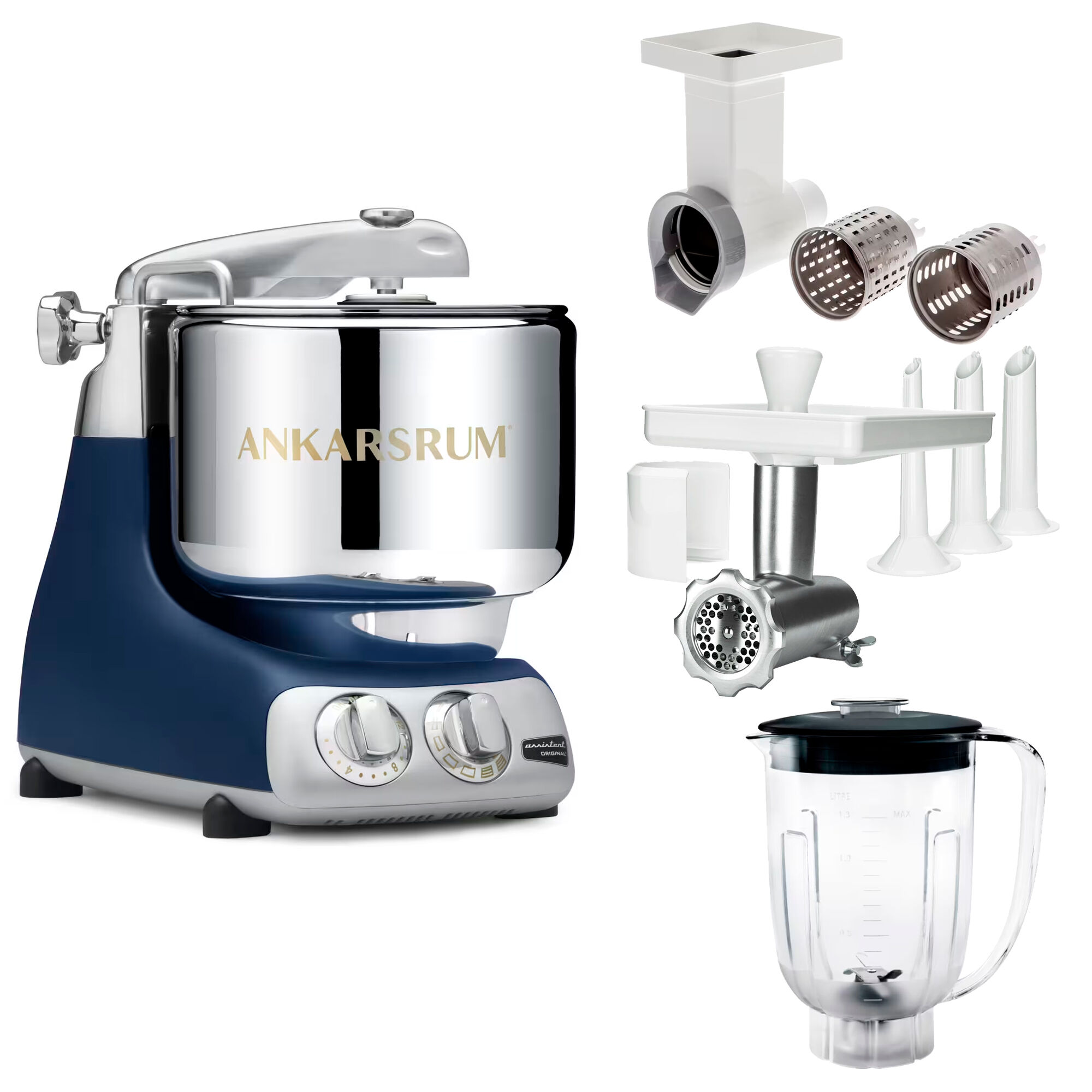 Ankarsrum Assistent Original AKM 6230 køkkenassistent med kødkværn, rive/skæretilbehør og blenderkande, royal blue