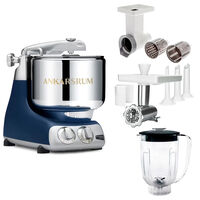 Assistent Original AKM 6230 kjøkkenmaskin med kjøttkvern, skjæretilbehør og blenderkanne, royal blue