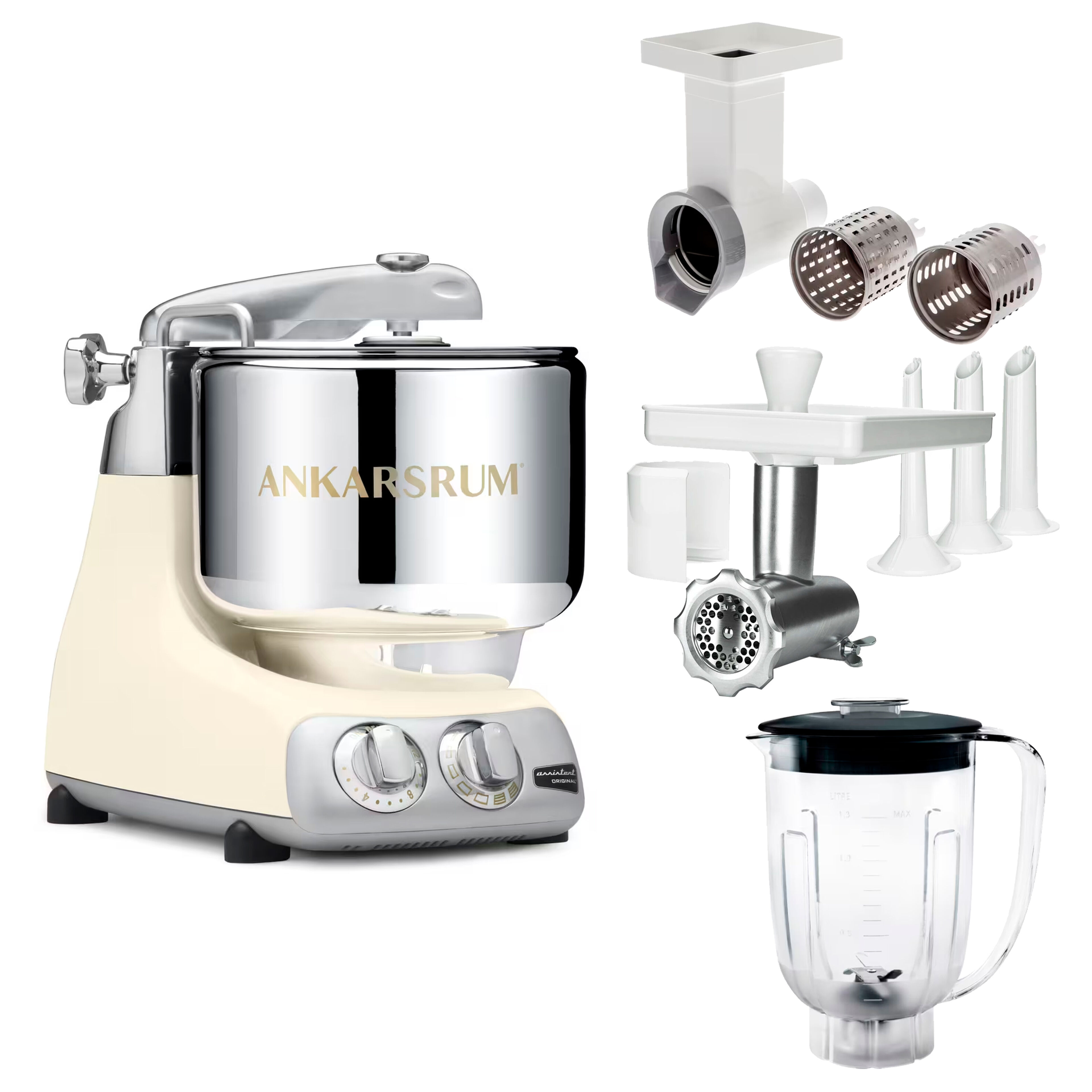 Assistent Original AKM 6230 kjøkkenmaskin med kjøttkvern, skjæretilbehør og blenderkanne, light creme