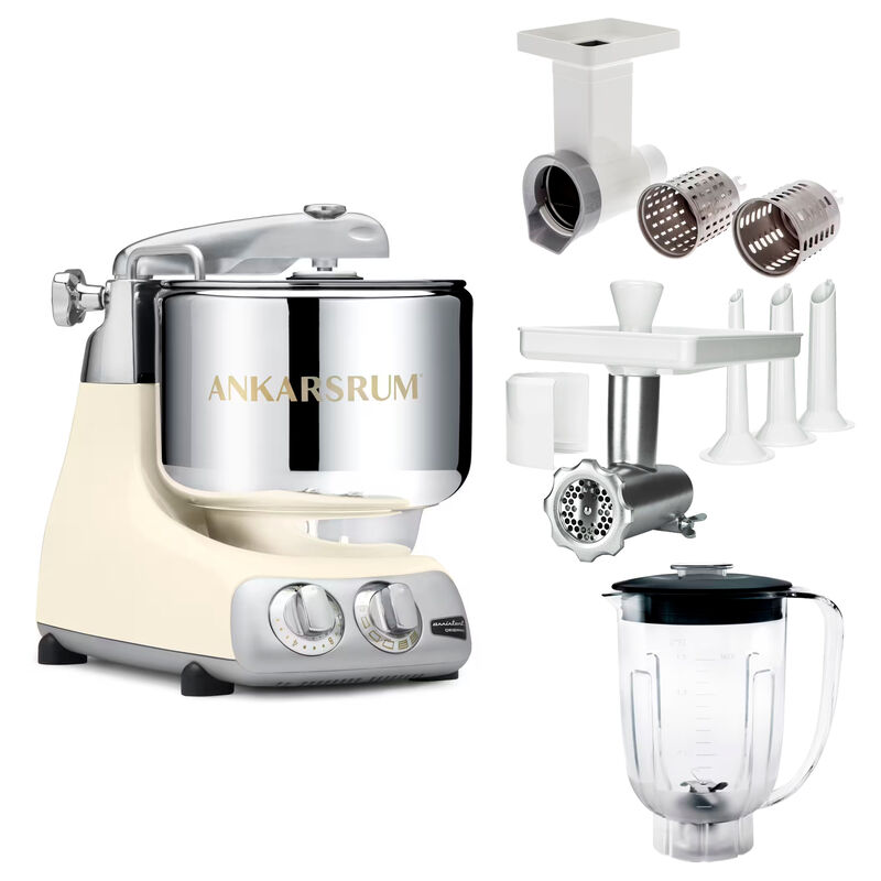 Assistent Original AKM 6230 kjøkkenmaskin med kjøttkvern, skjæretilbehør og blenderkanne, light creme