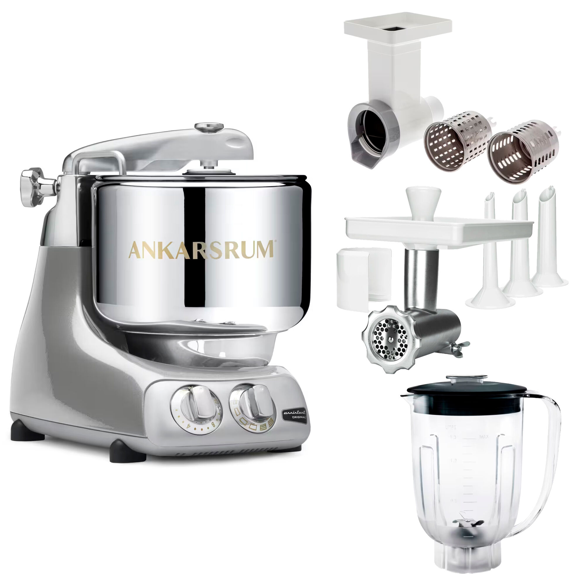Ankarsrum Assistent Original AKM 6230 køkkenassistent med kødkværn, rive/skæretilbehør og blenderkande, jubilee silver