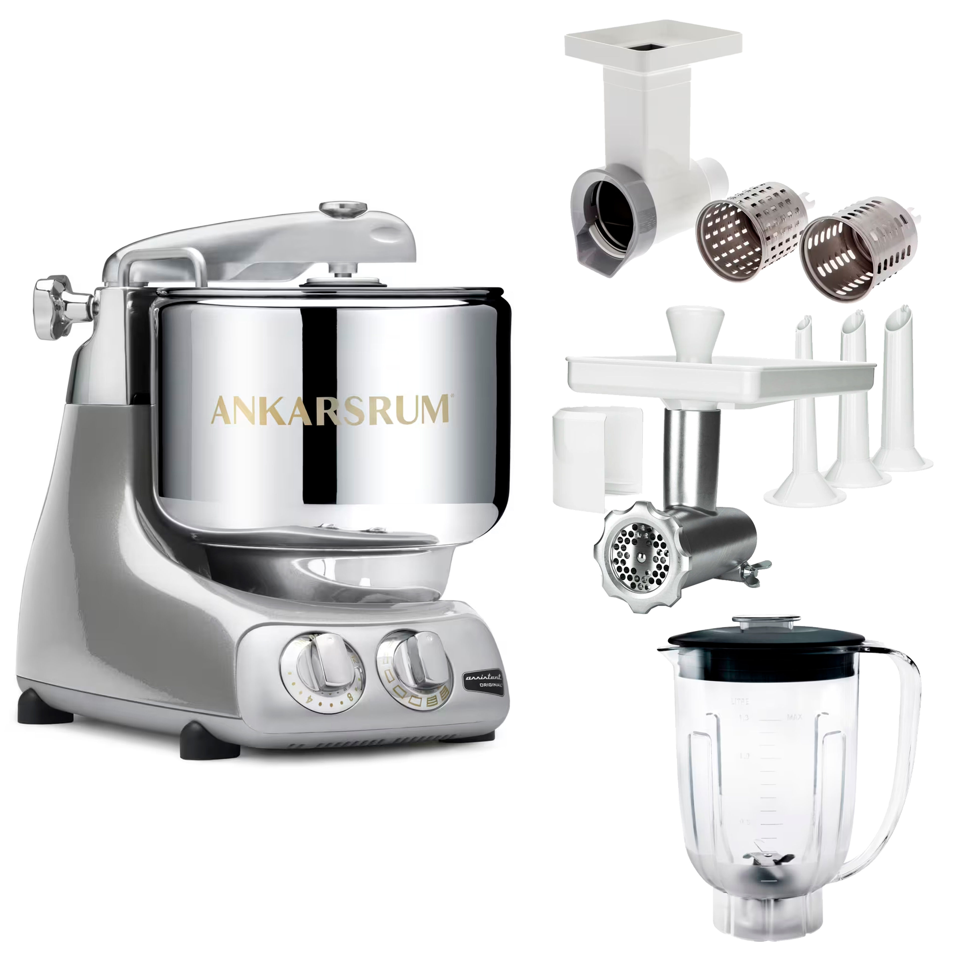 Assistent Original AKM 6230 kjøkkenmaskin med kjøttkvern, skjæretilbehør og blenderkanne, jubilee silver