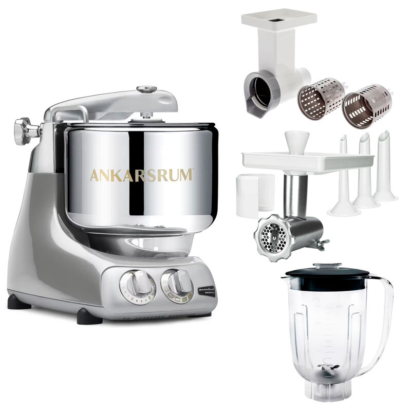 Assistent Original AKM 6230 kjøkkenmaskin med kjøttkvern, skjæretilbehør og blenderkanne, jubilee silver