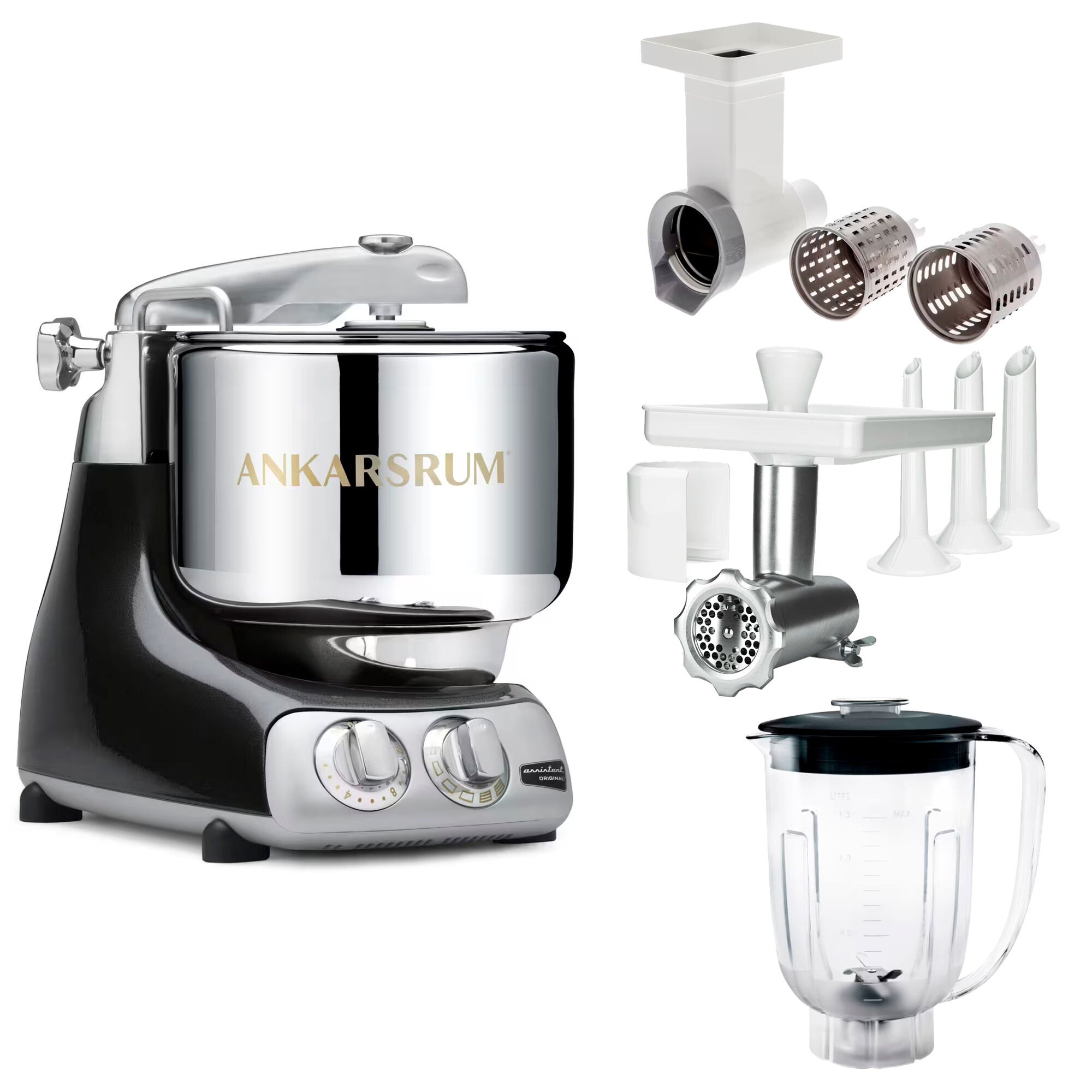 Ankarsrum Assistent Original AKM 6230 køkkenassistent med kødkværn, rive/skæretilbehør og blenderkande, black diamond