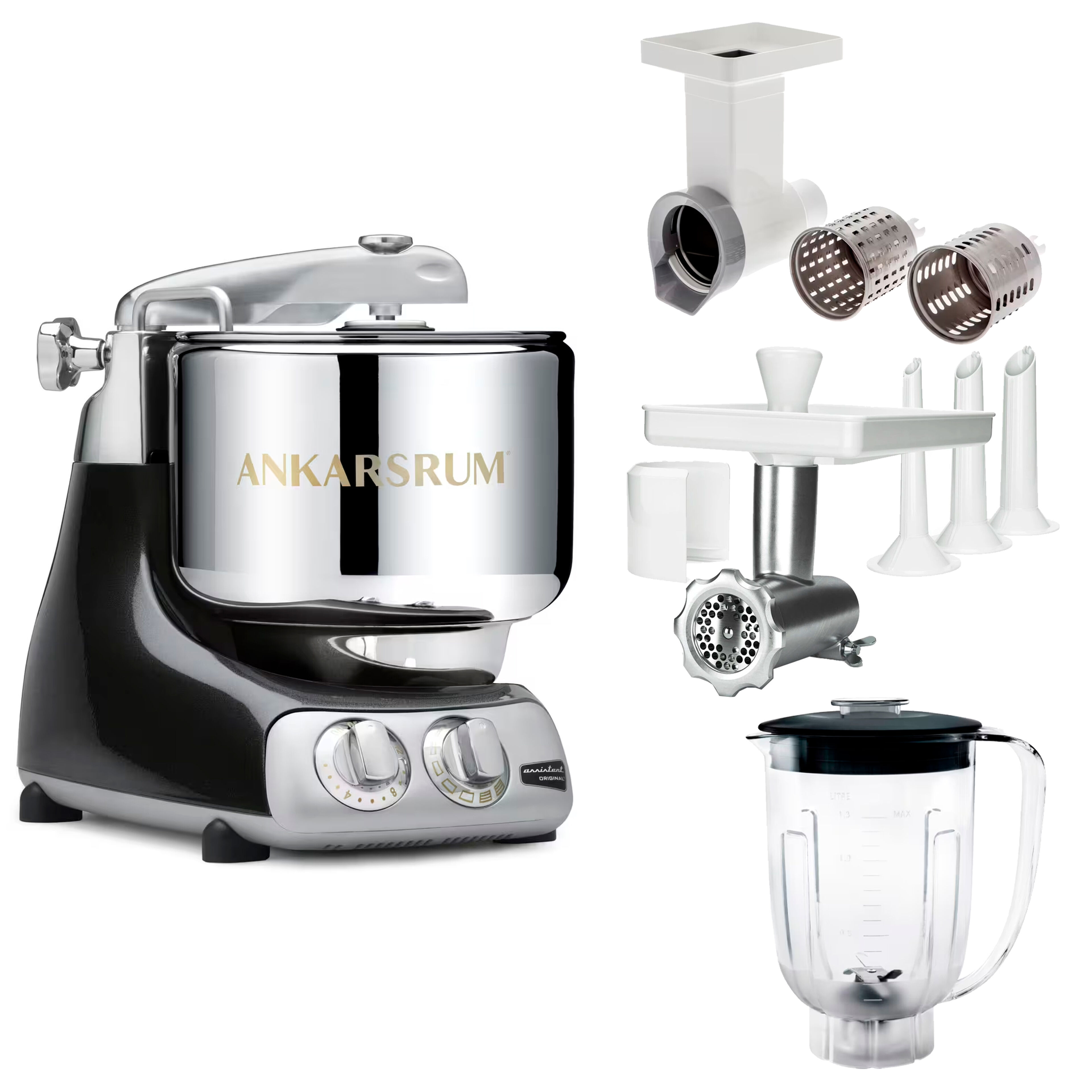 Assistent Original AKM 6230 kjøkkenmaskin med kjøttkvern, skjæretilbehør og blenderkanne, black diamond
