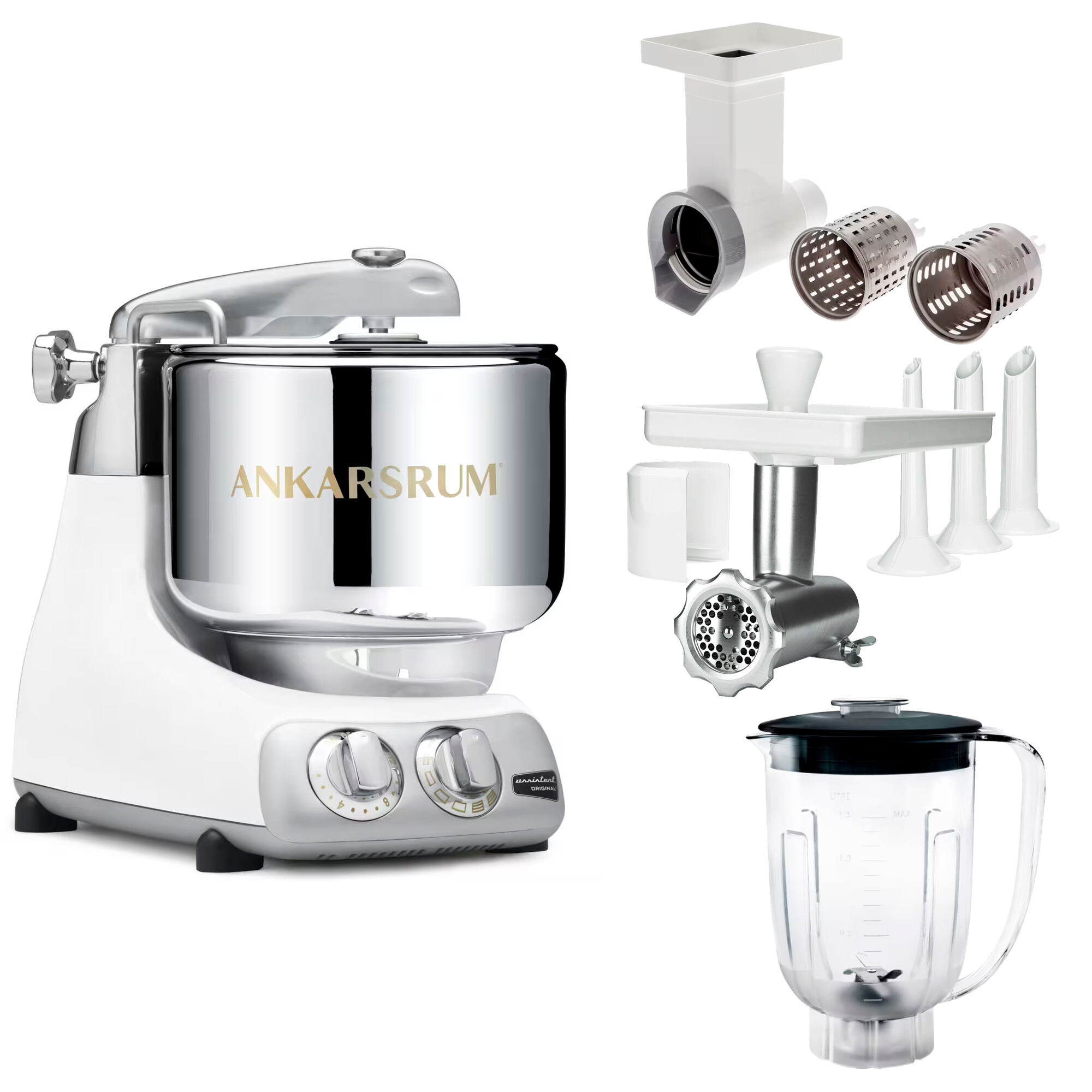 Ankarsrum Assistent Original AKM 6230 køkkenassistent med kødkværn, rive/skæretilbehør og blenderkande, glossy white