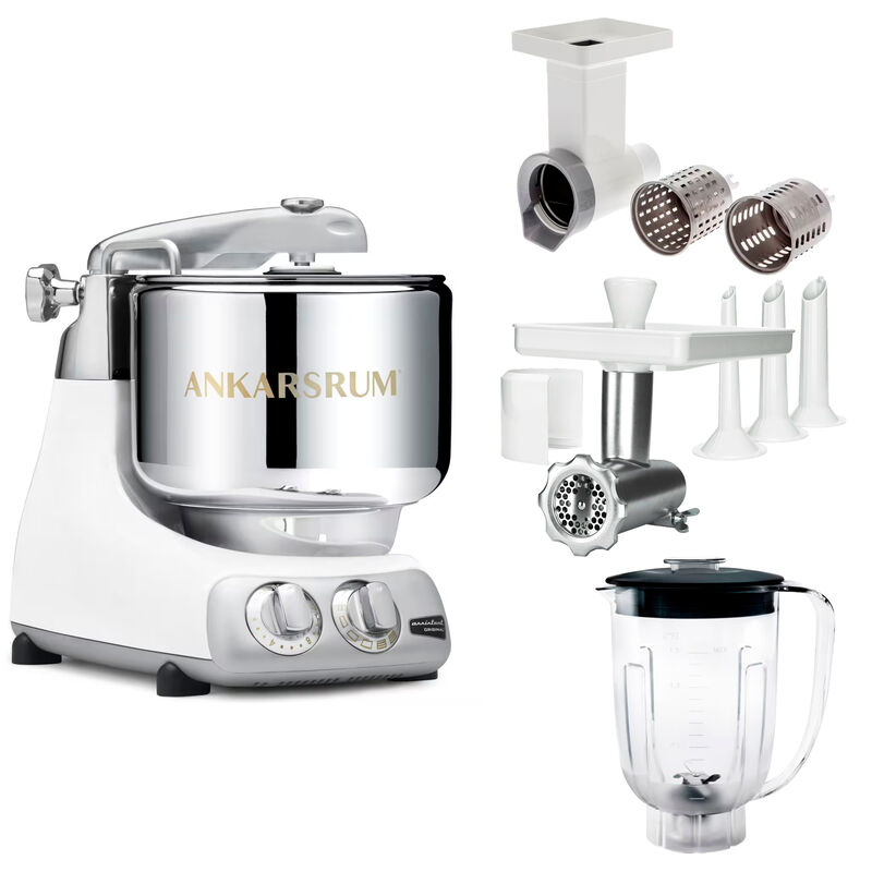 Assistent Original AKM 6230 kjøkkenmaskin med kjøttkvern, skjæretilbehør og blenderkanne, glossy white