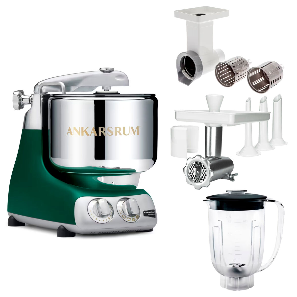 Assistent Original AKM 6230 kjøkkenmaskin med kjøttkvern, skjæretilbehør og blenderkanne, forest green