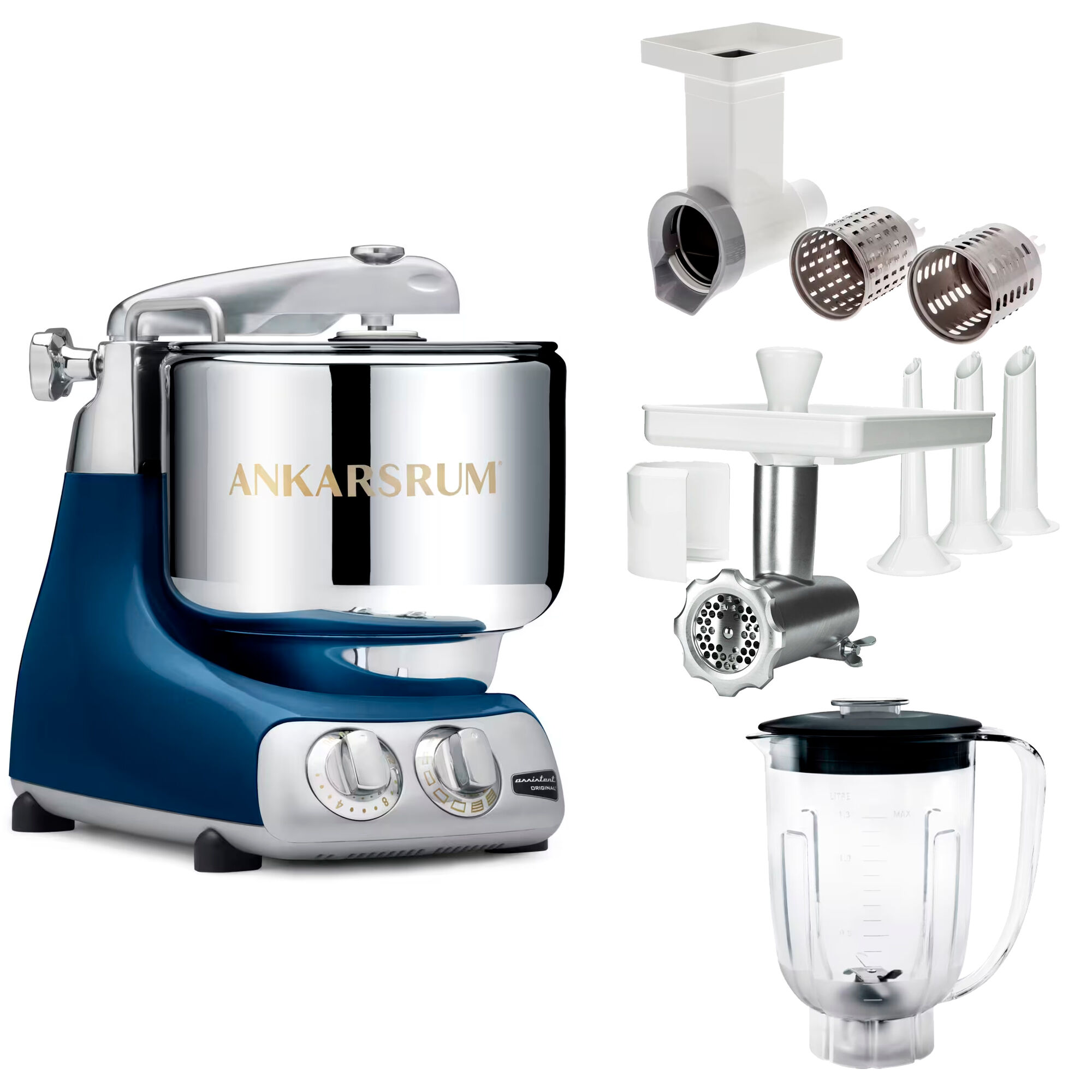 Ankarsrum Assistent Original AKM 6230 køkkenassistent med kødkværn, rive/skæretilbehør og blenderkande, ocean blue