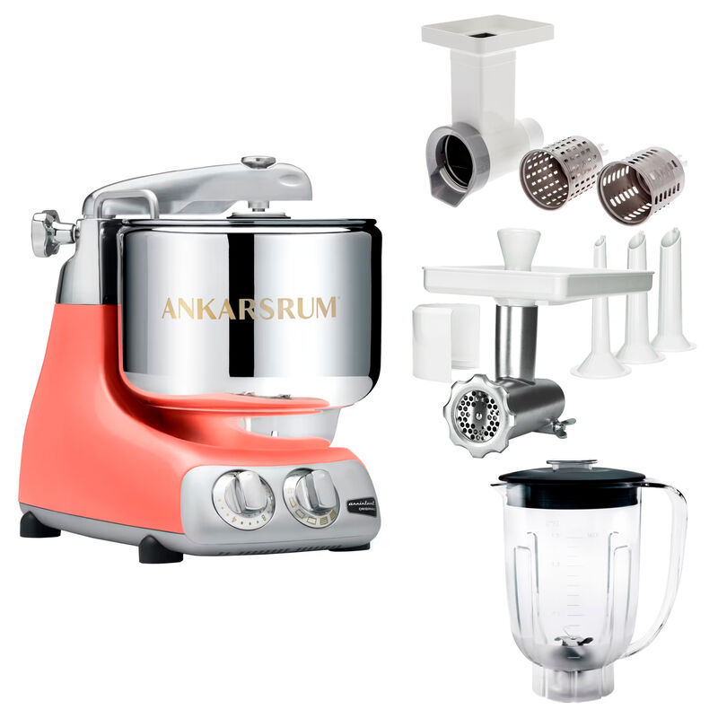Assistent Original AKM 6230 kjøkkenmaskin med kjøttkvern, skjæretilbehør og blenderkanne, coral crush