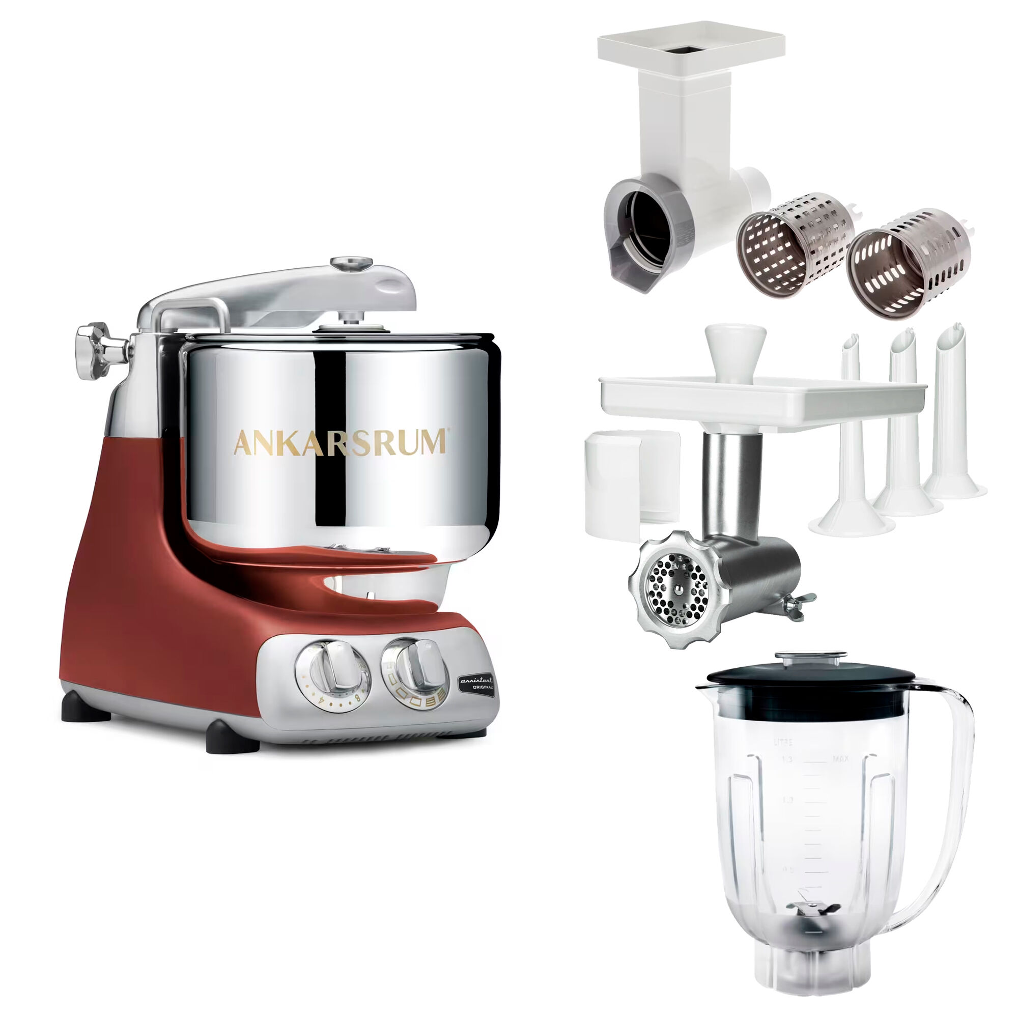 Ankarsrum Assistent Original AKM 6230 køkkenassistent med kødkværn, rive/skæretilbehør og blenderkande, rustic maroon