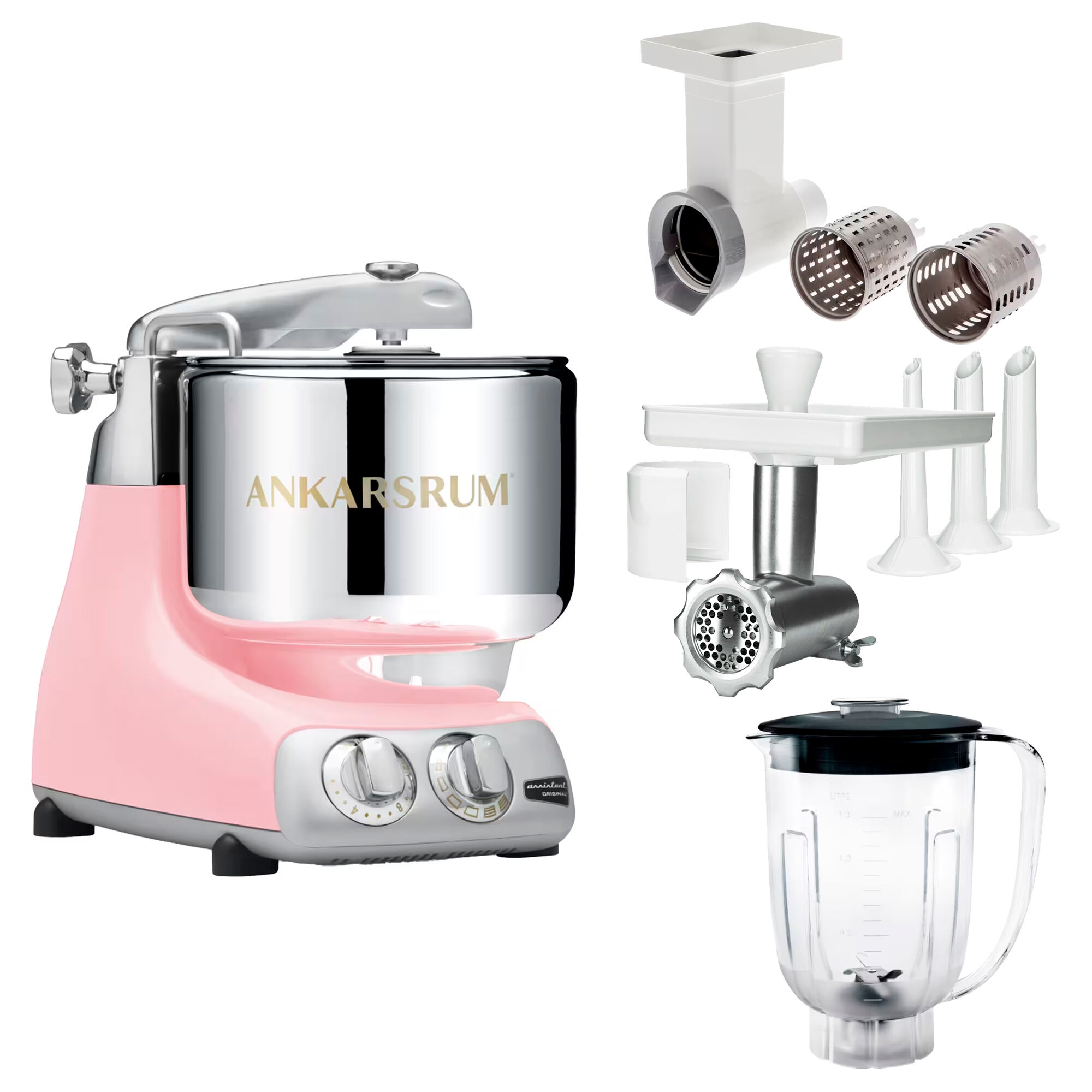 Ankarsrum Assistent Original AKM 6230 køkkenassistent med kødkværn, rive/skæretilbehør og blenderkande, cloudy pink