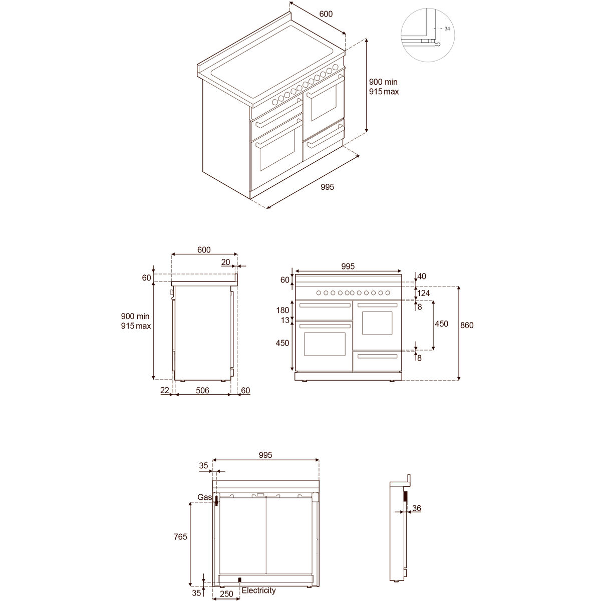 HER105I3ENET2 Heritage induktionskomfur 100 cm med 5 zoner og 3 ovne, mat sort