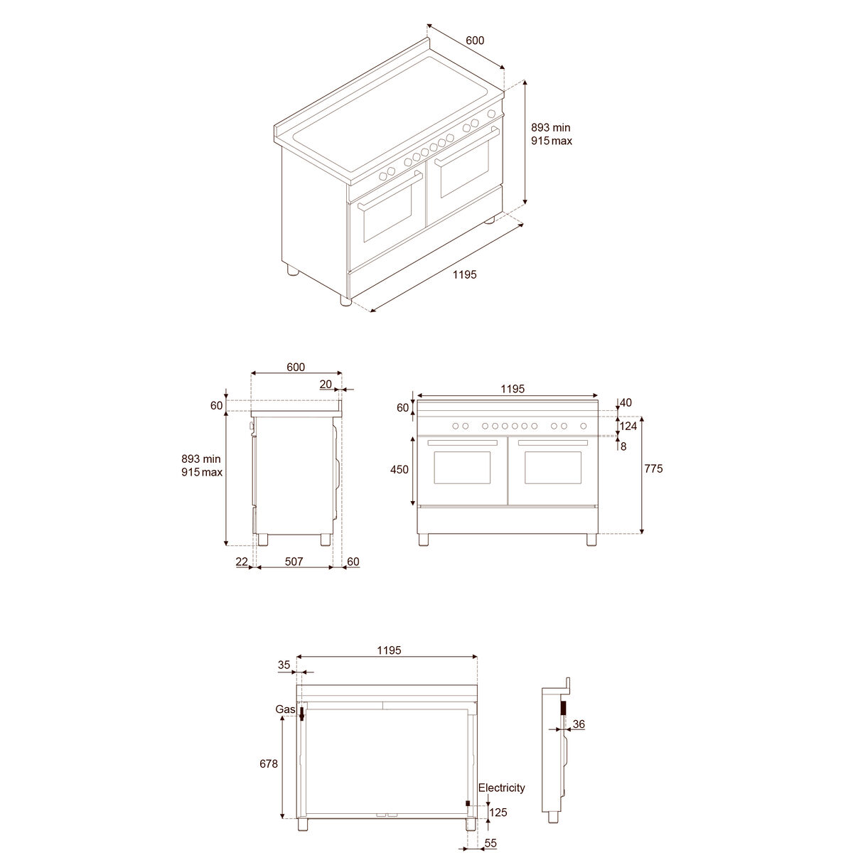 MAS125I2ENET2 Master induktionsspis 120 cm med 5 zoner, stekbord och 2 ugnar, mattsvart