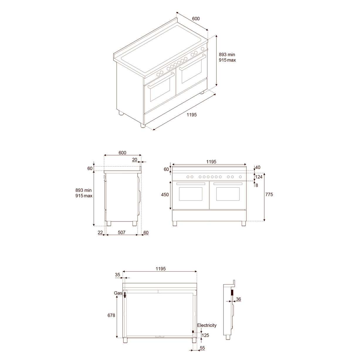 Professional PRO125I2EXT2 induktionsspis 120 cm med 5 zoner, elektriskt stekbord och 2 ugnar, rostfritt stål