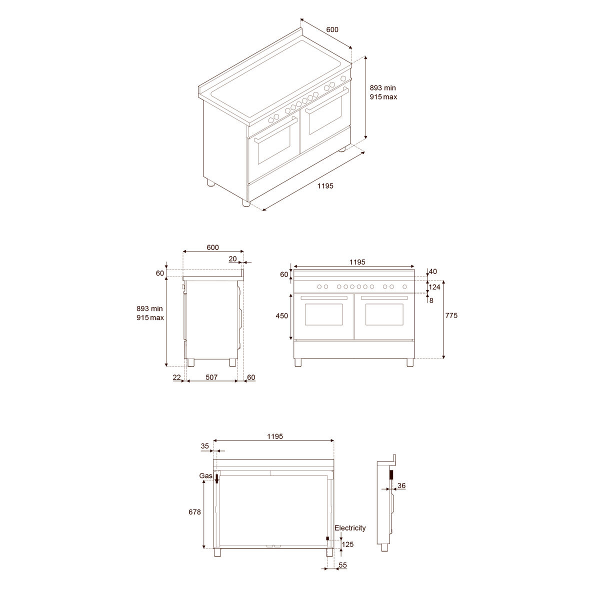 PRO126G2EART2 Professional gasskomfyr 120 cm med 6 brennere, elektrisk stekebord og 2 ovner, oransje