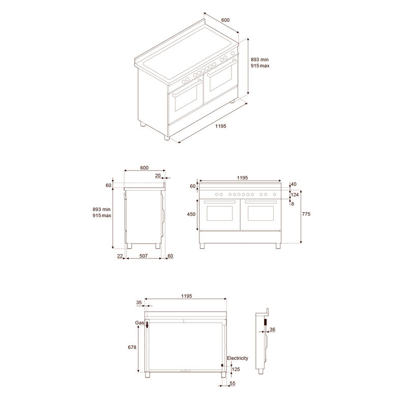 PRO126G2EART2 Professional gaskomfur 120 cm med 6 brændere, elektrisk stegebord og 2 ovne, orange