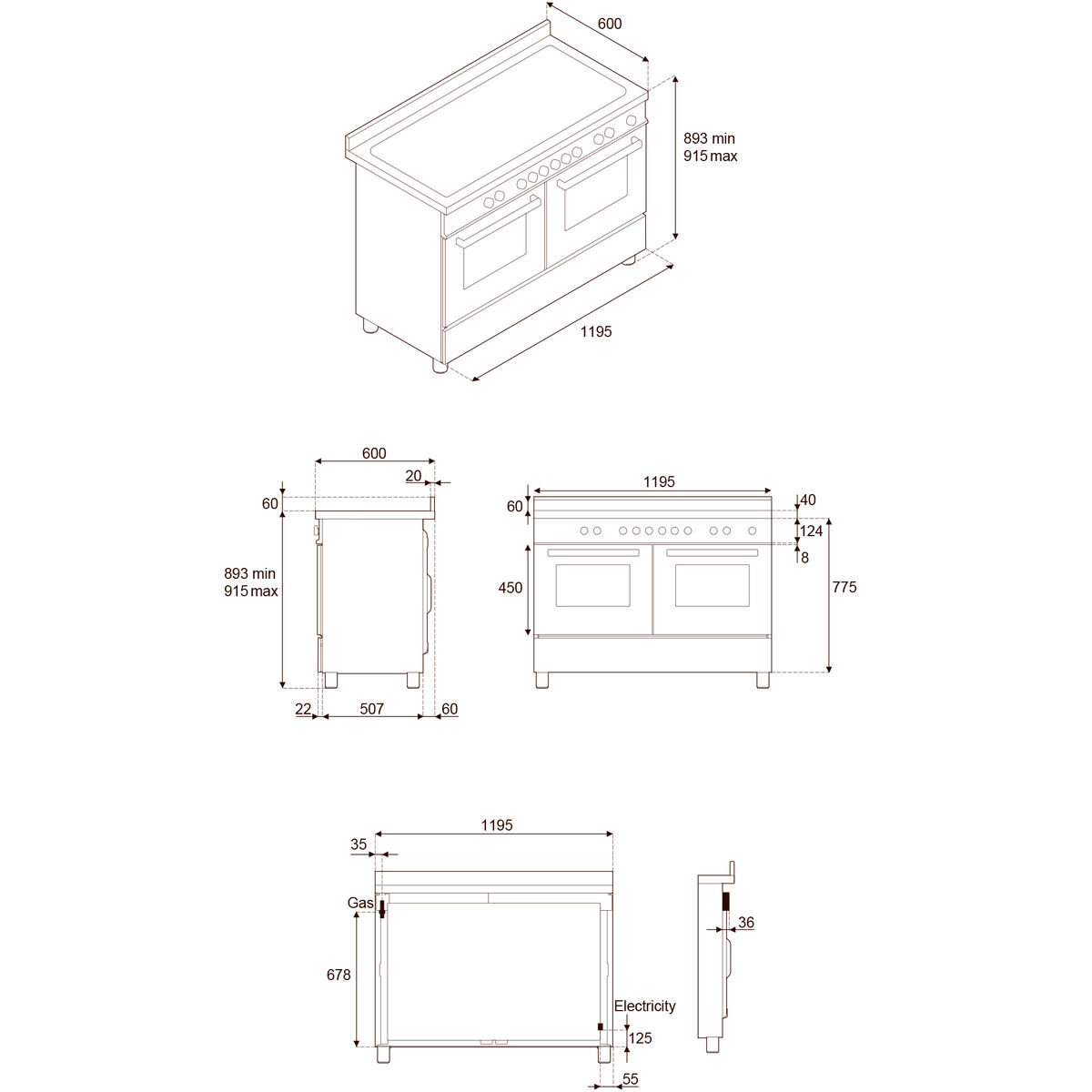 PRO126G2EBIT2 Professional gasskomfyr 120 cm med 6 brennere, elektrisk stekebord og 2 ovner, hvit