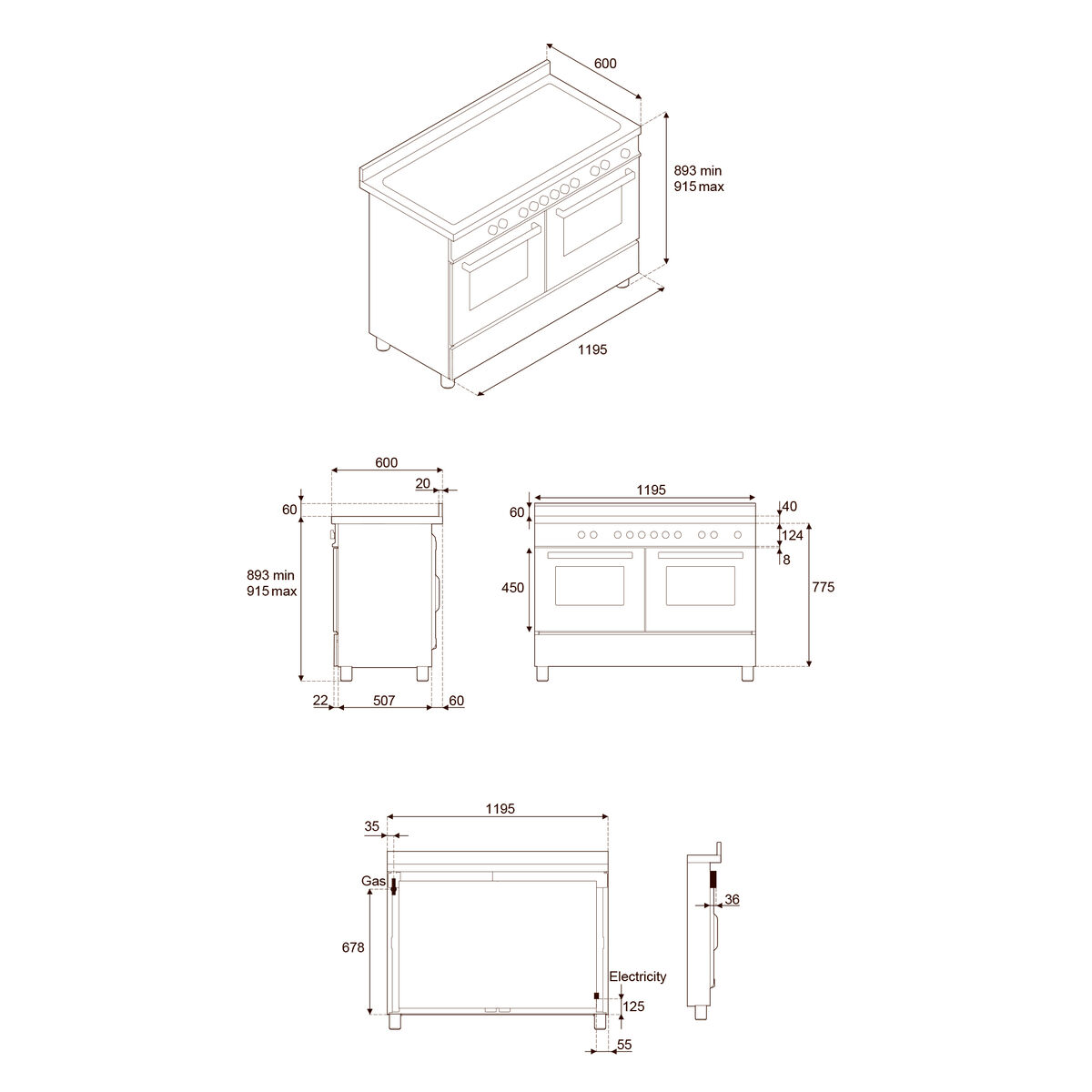 PRO126G2ENET2 Professional gasskomfyr 120 cm med 6 brennere, elektrisk stekebord og 2 ovner, svart