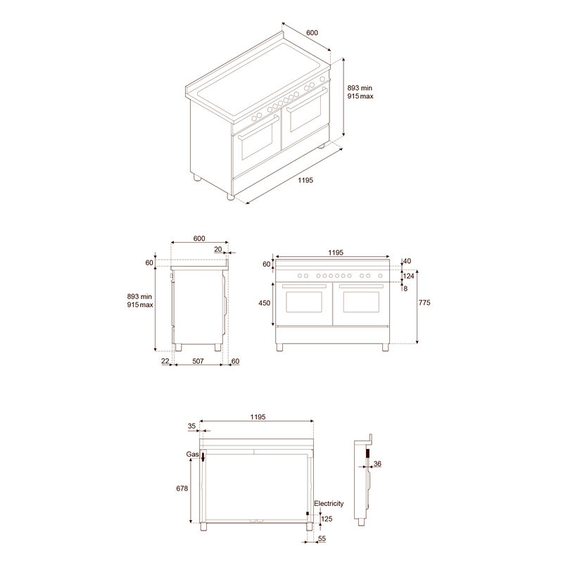 PRO126G2ENET2 Professional gaskomfur 120 cm med 6 brændere, elektrisk stegebord og 2 ovne, sort