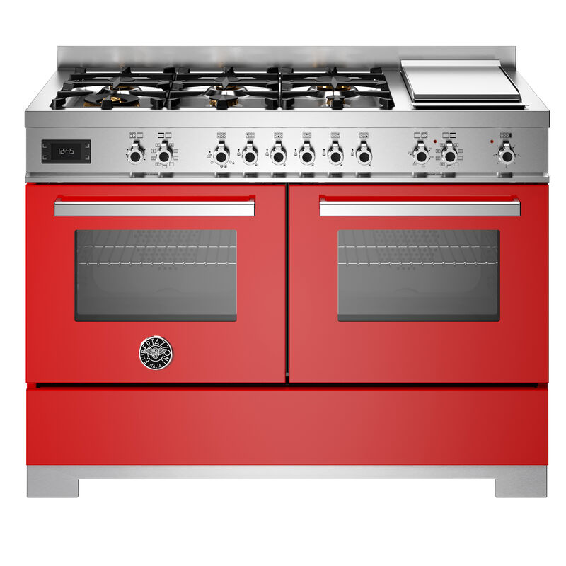 PRO126G2EROT2 Professional gaskomfur 120 cm med 6 brændere, elektrisk stegebord og 2 ovne, rød