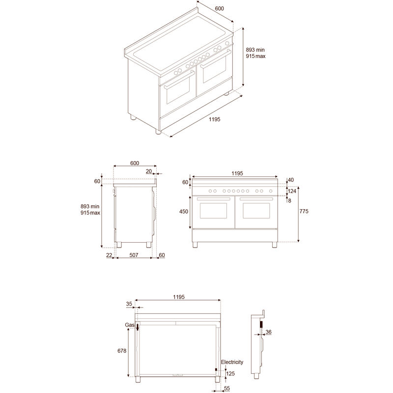 PRO126G2EXT2 Professional gaskomfur 120 cm med 6 brændere, elektrisk stegebord og 2 ovne, rustfrit stål