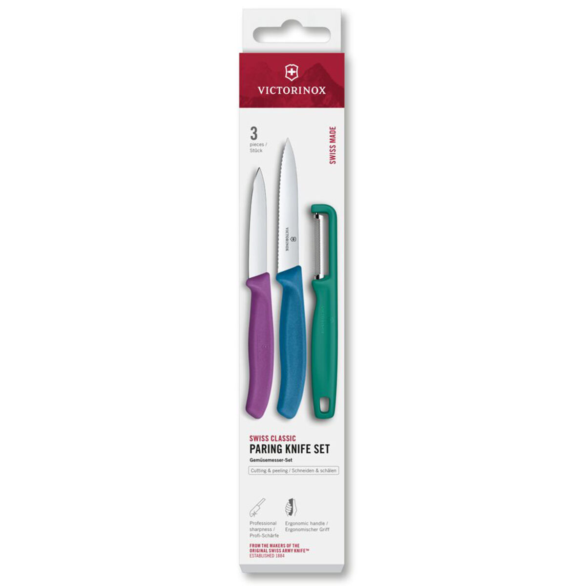 Swiss Classic urtekniv, tomatkniv og kartoffelskræller, grøn/blå/lilla