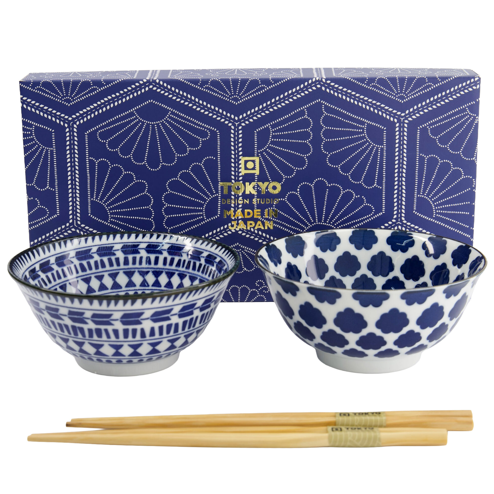 Tokyo design studio Tayo sk&aring;ls&aelig;t 500 ml med spisepinde, bl&aring;/hvid (33753)