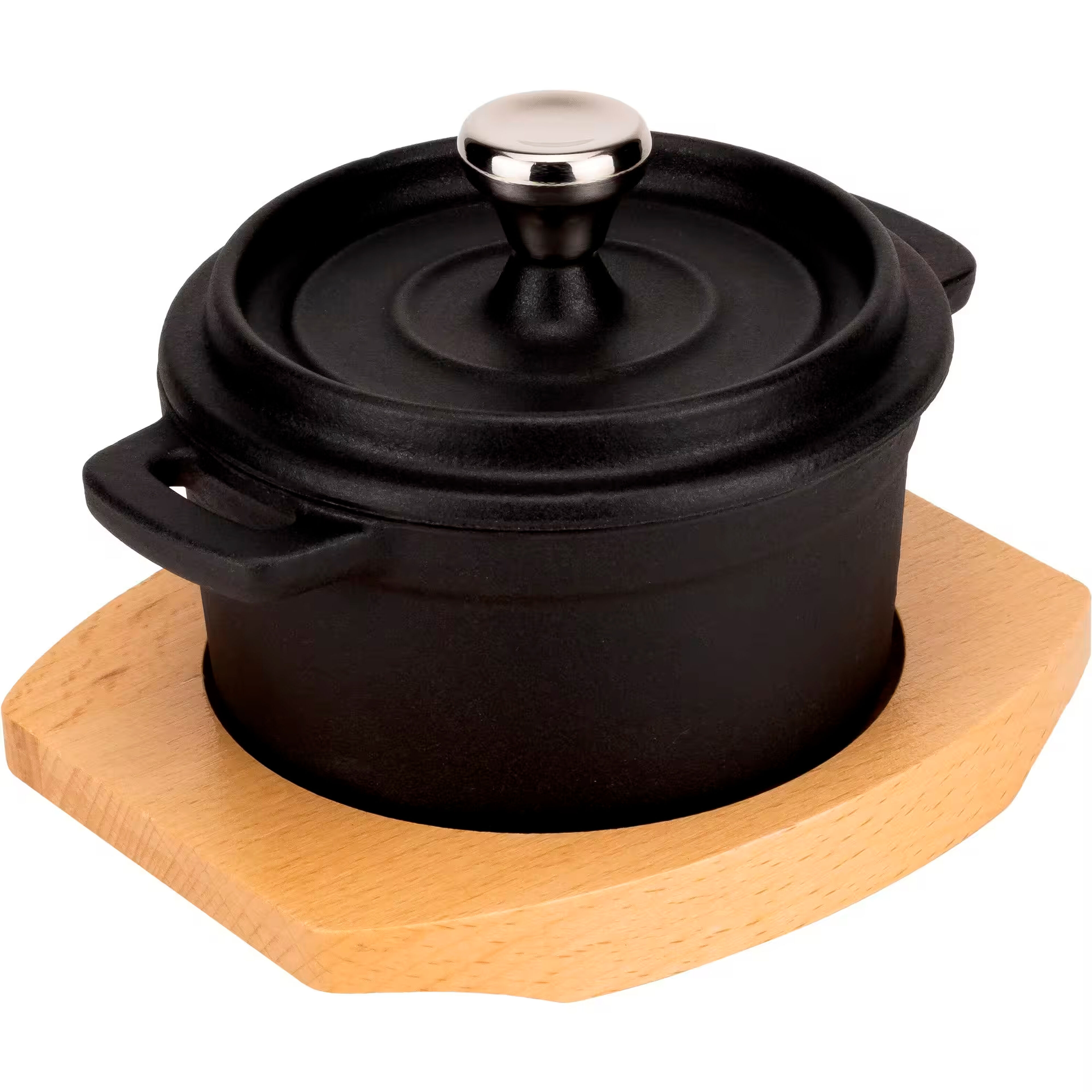 Serveringsgryta i gjutjärn 10 cm, underlägg i trä