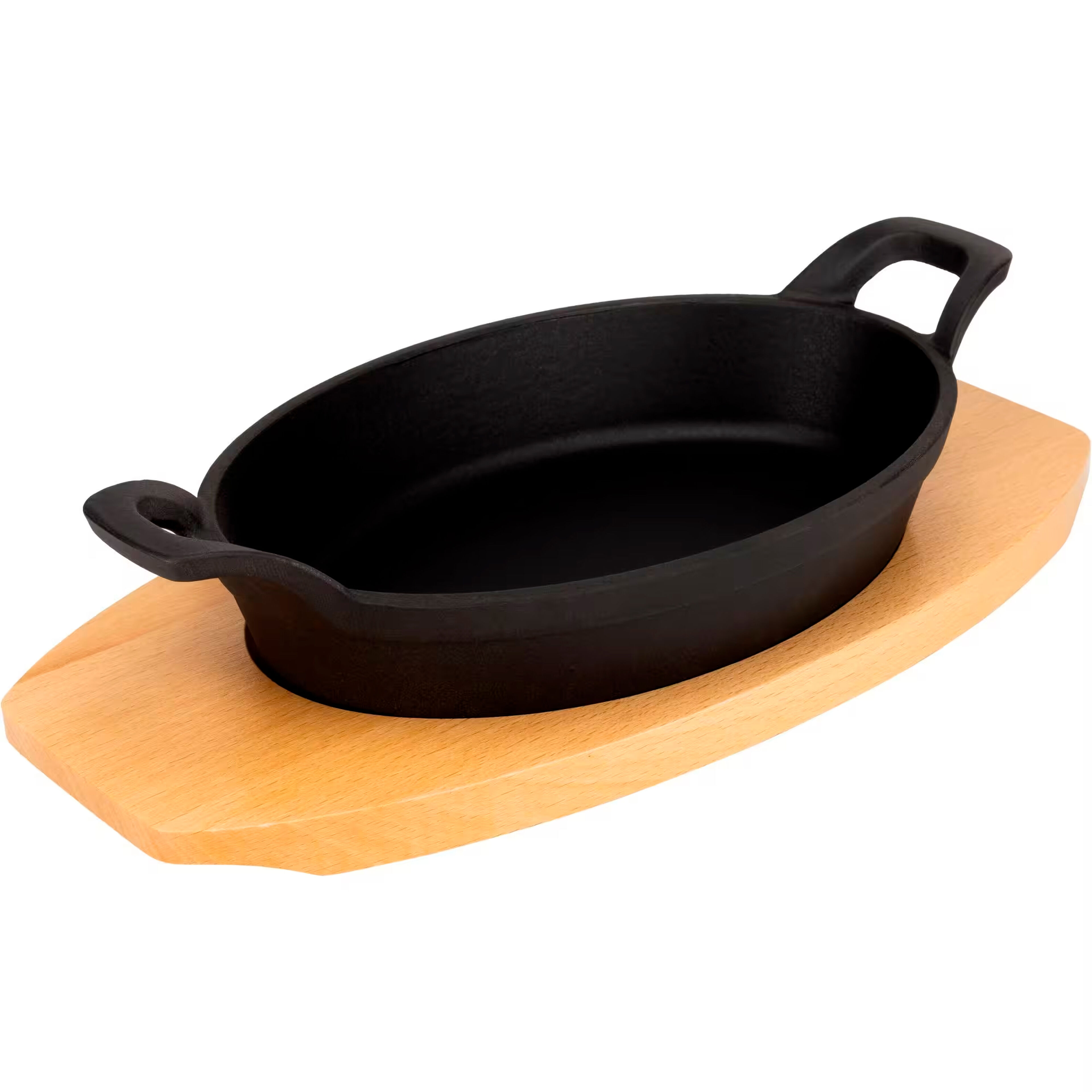 Oval gjutjärnspanna 22 cm, underlägg i trä